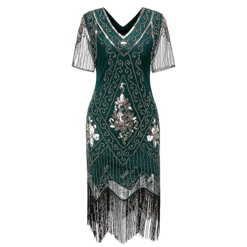 Gionforsy Damen 1920s Kleid mit Pailletten Kurzem Ärmel 20er Jahre Flapper Kostüm Kleid für Great Gatsby Motto Party Halloween Karneval Fasching (Dunkelgrün, M) von Gionforsy