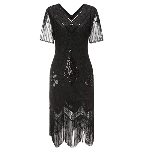 Gionforsy Damen 1920s Kleid mit Pailletten Kurzem Ärmel 20er Jahre Flapper Kostüm Kleid für Great Gatsby Motto Party Halloween Karneval Fasching (Schwarz, M) von Gionforsy