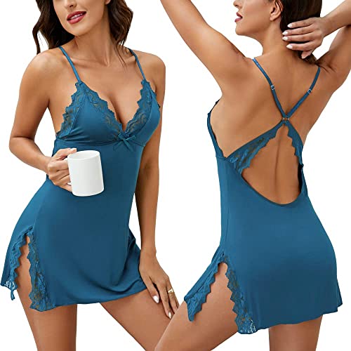 Giorzio Damen Sexy Nachthemd Chemise Teddy Spitze Dessous Nachtwäsche V-Ausschnitt Full Slip Babydoll Nachthemd, Pfauenblau, Medium von Giorzio