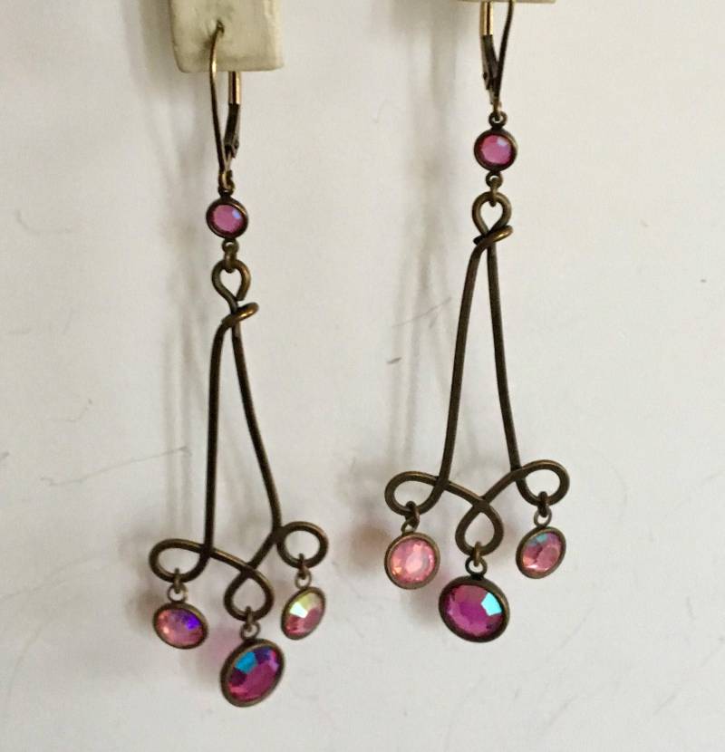 Vintage Ohrhänger Aus Kupferdraht Mit Rosa Ab-strasssteinen, Ursprünglich Von Nordstroms Boho-stil von GiosGems