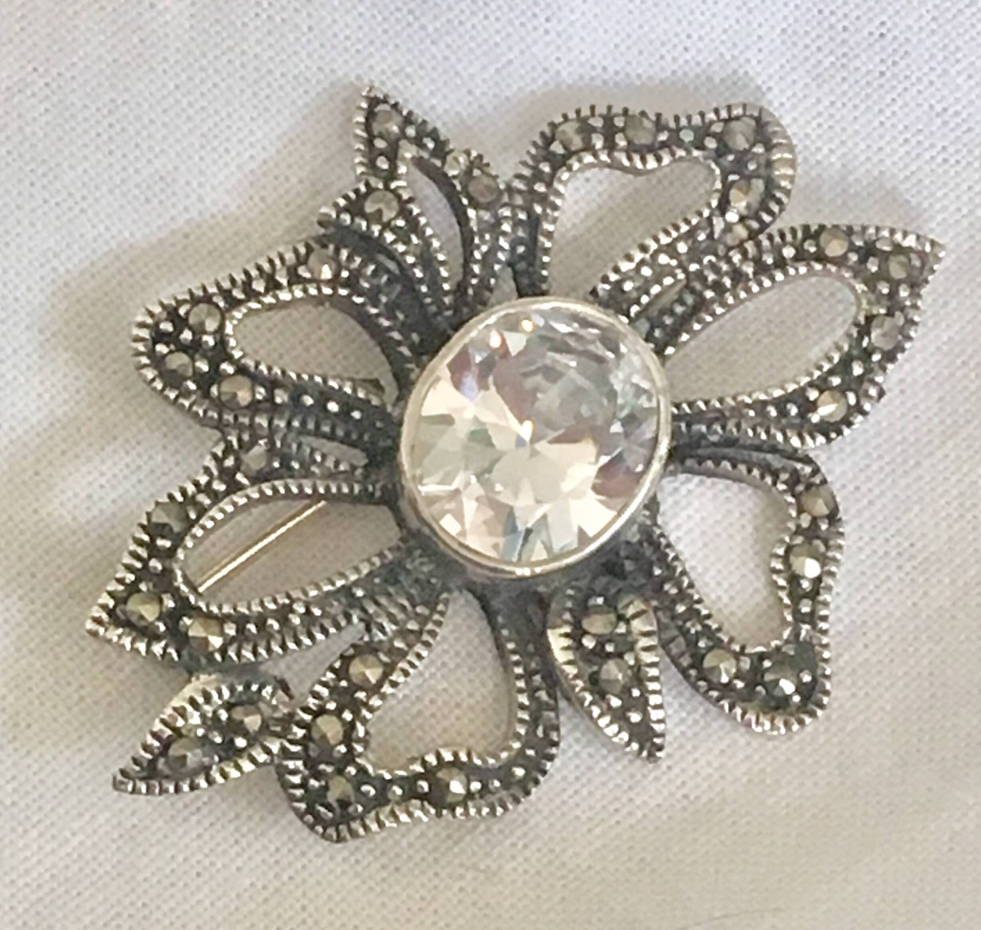 Vintage Sterling Silber Markasit & Quarz Kristall 925 Bogen Brosche Brillant Funkelnder Stein von GiosGems