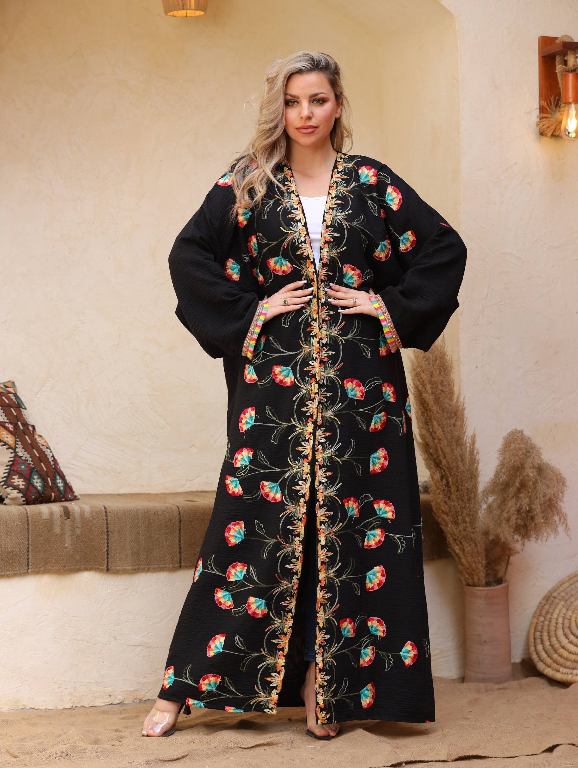 Boho Schwarze Leinen Strickjacke, Gestickte Sommer Abaya, Abayas Für Frauen, Kimono, Damen Duster, Cardigan, Cardigan von Gipci