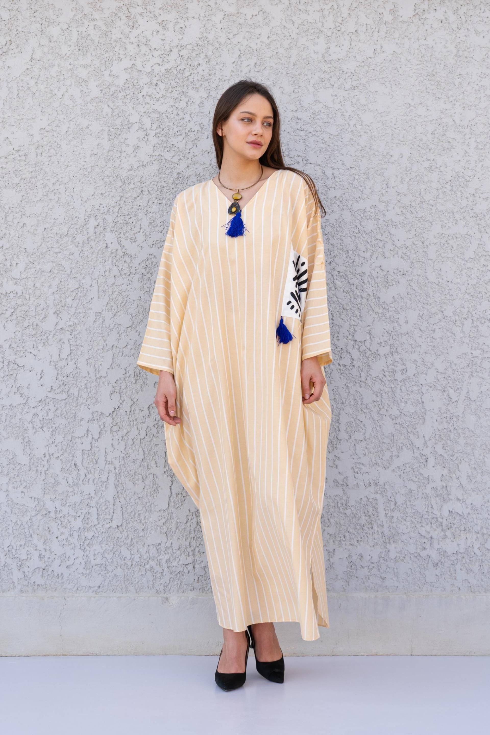 Pailletten Greek Eye Beige Leinen/Poly Kaftan, Schicke Kaftane Für Frauen, Sommerkaftan, Kaftan von Gipci