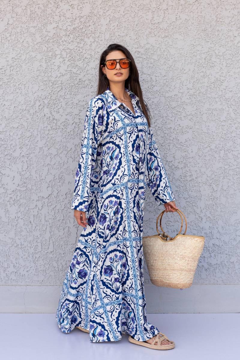 Wunderschönes Blau Bedrucktes Kaftan Kleid, Kaftane Für Frauen, Boho Langer Sommer Kaftan, Kaftane von Gipci