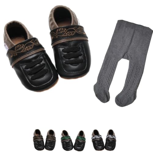 Alpines Set: Baby Haferlschuhe in Schwarz mit Brauner Stickerei und dunkelgrauer Trachtenstrumpfhose Gr. 16/17 von Gipfli