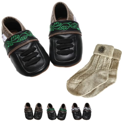 Alpines Set: Krabbelschuhe in Schwarz mit Grüner Stickerei und Trachtensocken Beige Gr. 22/23 von Gipfli