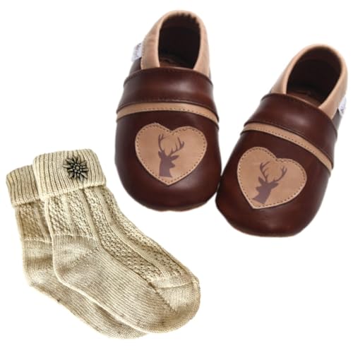 Set: Krabbelschuhe Braun Gr. 18/19 mit Hirsch Herz & Trachtensocken Beige von Gipfli