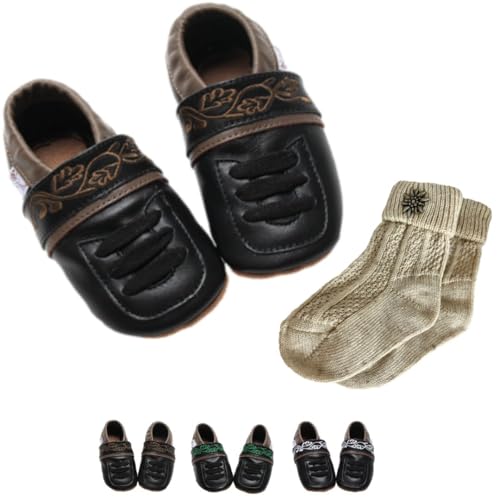 Set: Krabbelschuhe Schwarz & Trachtensocken Braun-Grün Gr. 20/21 von Gipfli