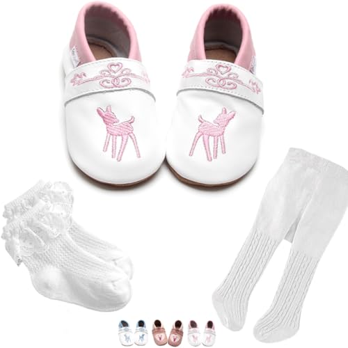 Gipfli Set: Weiße Krabbelschuhe mit Rosa Rehkitz Bambi Stickerei und Weißer Strumpfhosen mit Zopfmuster Gr. 20/21 für Mädchen passend zum Baby Dirndl. von Gipfli