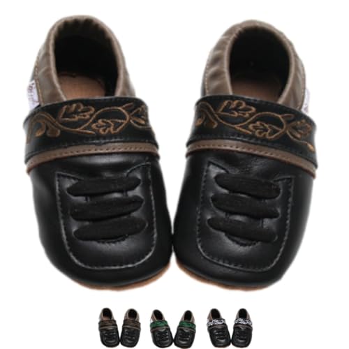 Schwarze Baby Haferlschuhe. Krabbelschuhe mit Brauner Stickerei für Jungen zur Lederhose Gr. 16/17 von Gipfli