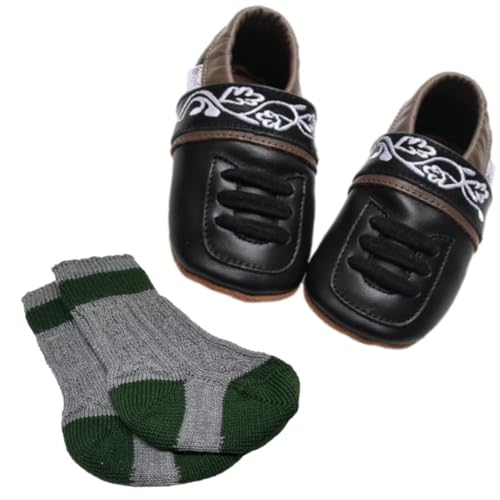 Set: Alpine Krabbelschuhe Schwarz & Trachtensocken Hellgrau-Grün Gr. 18/19 von Gipfli