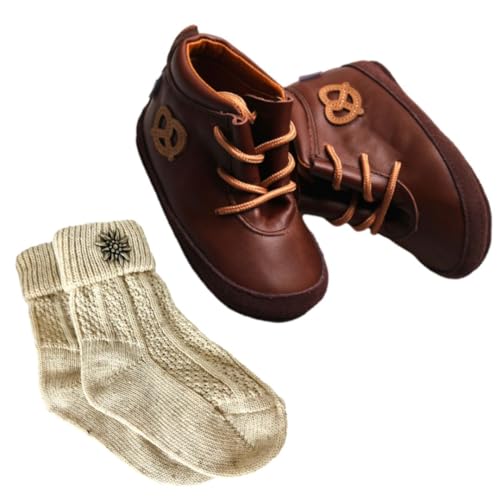 Set: Babyschuhe Braun Gr. 20/21 mit Brezel Motiv & Trachtensocken Beige von Gipfli