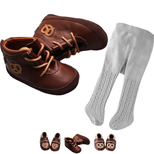Set: Dunkelbraune Baby Lederschuhe mit Brezel Applikation und hellgraue Strumpfhosen mit Zopfmuster Gr. 16/17 passend zu Baby Trachten und Lederhosen. von Gipfli