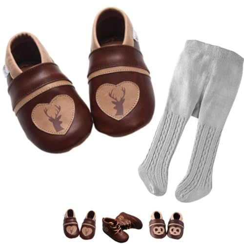 Set: Dunkelbraune Lederpuschen mit Hirsch Motiv und grauen Strumpfhosen mit Zopfmuster Gr. 16/17 passend zu Baby Trachten. von Gipfli