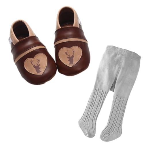 Set: Dunkelbraune Lederpuschen mit Hirsch Motiv und grauen Strumpfhosen mit Zopfmuster Gr. 20/21 passend zu Baby Trachten. von Gipfli