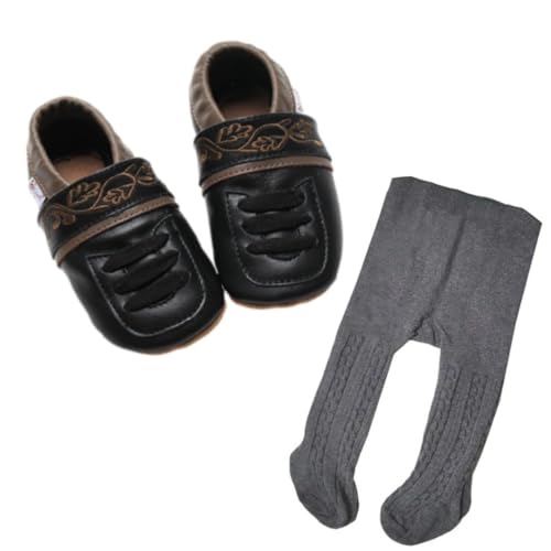 Set: Krabbelschuhe Schwarz mit Brauner Stickerei und dunkelgrauer Trachtenstrumpfhose Gr. 18/19 von Gipfli