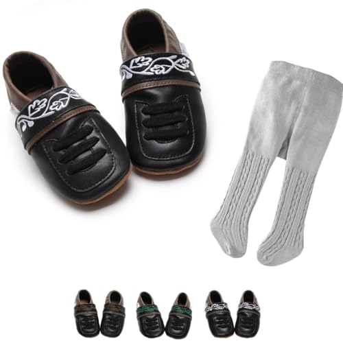 Gipfli Set: Krabbelschuhe Schwarz mit Weißer Stickerei und hellgrauer Trachtenstrumpfhose Gr. 18/19 von Gipfli