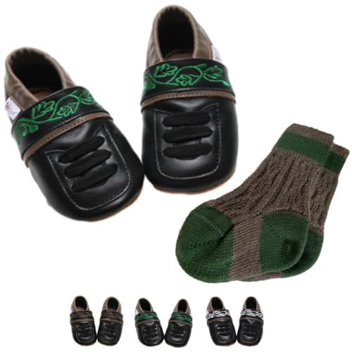 Alpines Set: Baby Haferlschuhe Schwarz & Trachtensocken Anthrazit-Grün Gr. 20/21 von Gipfli