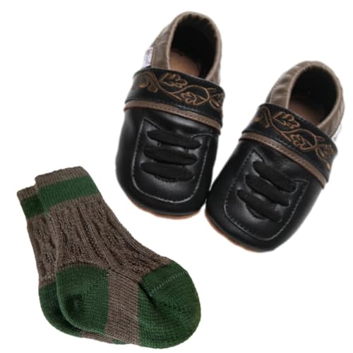 Set: Krabbelschuhe Schwarz & Trachtensocken Braun-Grün Gr. 16/17 von Gipfli