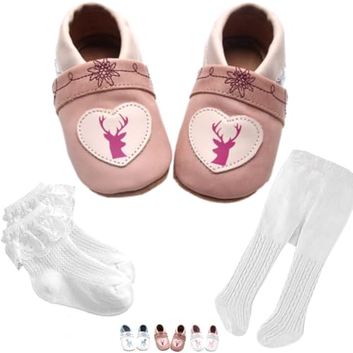 Set: Rosa Lederpuschen mit Hirsch Motiv, Trachtenstrumpfhosen und Spitzensöckchen Gr. 16/17 für Mädchen passend zum Baby Dirndl. von Gipfli