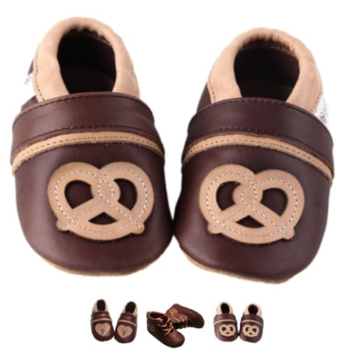 Weiche Echtleder Krabbelschuhe Braun Gr. 16/17 mit Brezel Motiv. Alpine Lederpuschen zur Baby Lederhose. von Gipfli