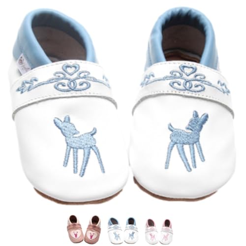 Baby Krabbelschuhe Weiß – Echtleder Lauflernschuhe mit hellblauer Rehkitz Stickerei | Trachtenschuhe für Mädchen perfekt zum Dirndl | Gr. 16/17 von Gipfli