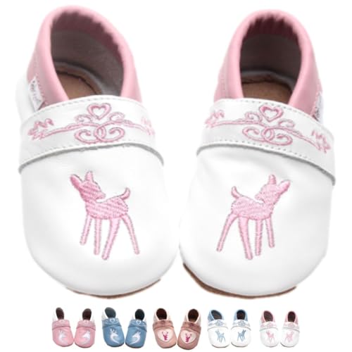 Weiße Krabbelschuhe mit Rosa Rehkitz Bambi Gr. 16/17. Baby Trachtenschuhe zum Dirndl von Gipfli