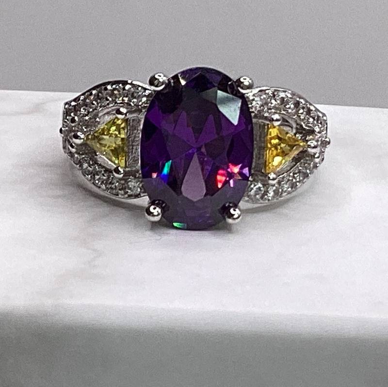Ameythst Ring Ovaler Mit Trillion Citrin Sterling Silber Verlobung Jahrestag von GipsyJewelers
