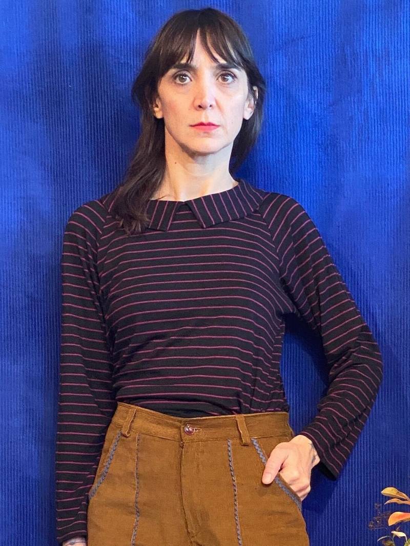 Letzte Stückeversandbereit Handgemachte Schwarz Lila Gestreifte Bubikragen Aus Viskosegewebe [Dublin Shirt/Schwarz Lila] von GiraeRigira