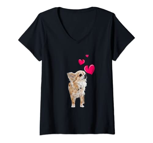 Damen Chihuahua-Hund und Herzen niedliches Chihuahua-Motiv T-Shirt mit V-Ausschnitt von Giraffe Apparel