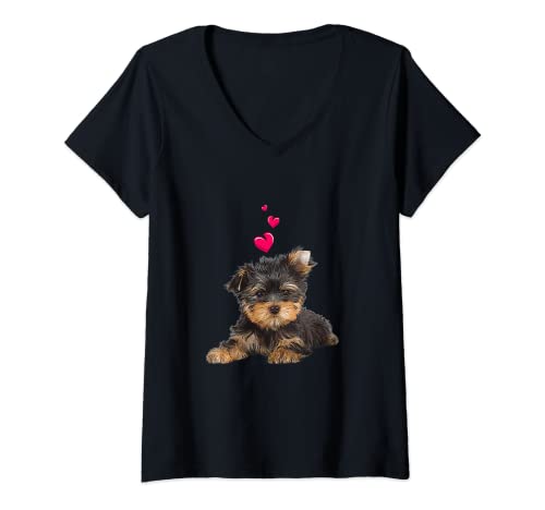 Damen Shirt mit Yorkshire Terrier Hund und Herz Yorkie Hundemotiv T-Shirt mit V-Ausschnitt von Giraffe Apparel