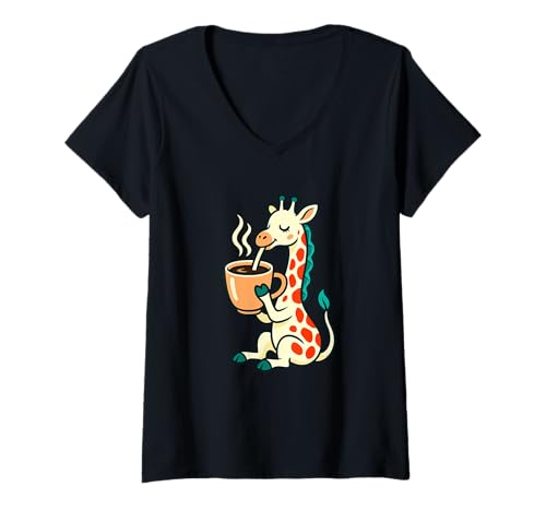Damen Giraffe Kaffee Lustiger Morgen Tier Humor Grafik T-Shirt mit V-Ausschnitt Damen Giraffe Kaffee Lustiger Morgen Tier Humor Grafik T-Shirt mit V-Ausschnitt von Giraffe Coffee Funny Animal Morning Humor Apparel