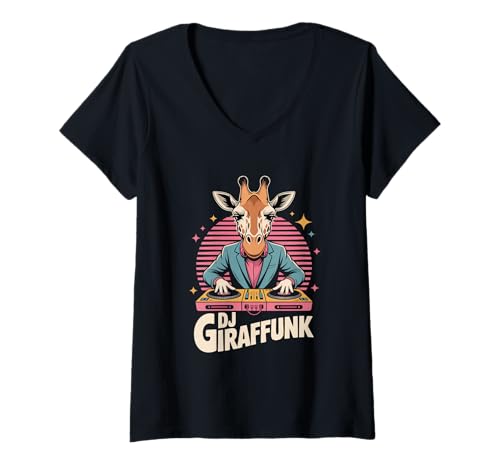 Damen DJ Giraffunk Tier DJ Musik Festival Club Party T-Shirt mit V-Ausschnitt Damen DJ Giraffunk Tier DJ Musik Festival Club Party T-Shirt mit V-Ausschnitt von Giraffe DJ Funk Party Elektro Club Musik