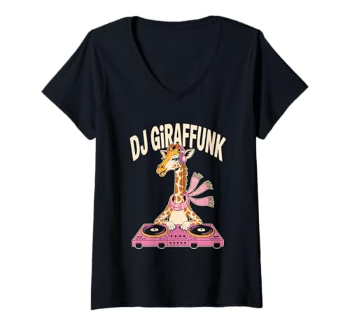 Damen DJ Giraffunk Giraffe Mit Plattentellern Clubbeat T-Shirt mit V-Ausschnitt Damen DJ Giraffunk Giraffe Mit Plattentellern Clubbeat T-Shirt mit V-Ausschnitt von Giraffe DJ Musik Club Party Humor Festival