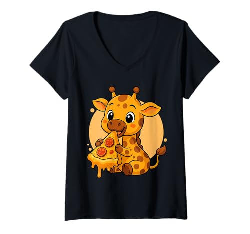 Damen Lustige Giraffe isst Pizza Grafik Jungen Mädchen Giraffe Liebhaber T-Shirt mit V-Ausschnitt von Giraffe Eating Pizza Graphic Design