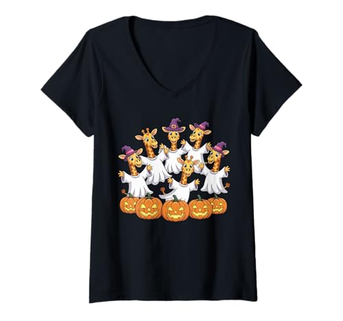 Damen Gruselige süße Giraffe Geist Familie Halloween mit Kürbissen T-Shirt mit V-Ausschnitt von Giraffe Ghost Family Halloween With Pumpkins Gifts