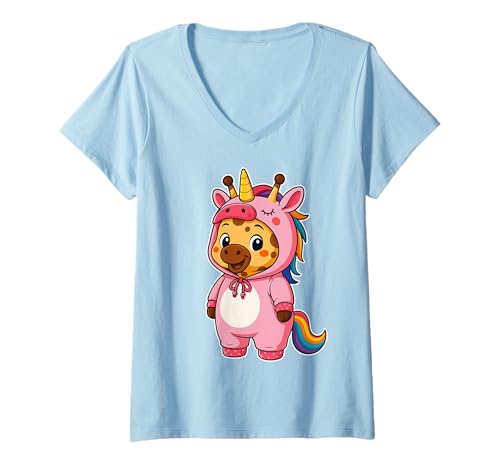 Damen Kawaii Giraffe im Einhorn Kostüm für Mädchen Kinder Einhorn T-Shirt mit V-Ausschnitt Damen Kawaii Giraffe im Einhorn Kostüm für Mädchen Kinder Einhorn T-Shirt mit V-Ausschnitt von Giraffe In Unicorn Costume Kawaii Design