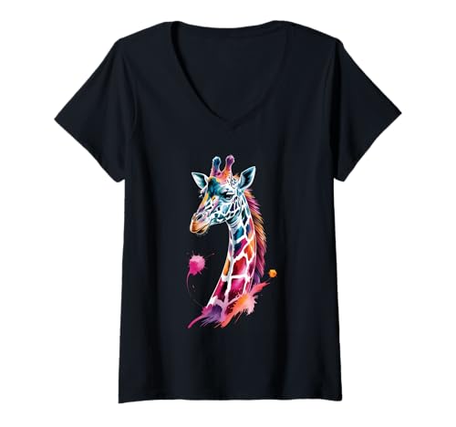 Damen Bunte Giraffe Poster Stil Farbspritzer Kunst Grafik T-Shirt mit V-Ausschnitt von Giraffe Lover Apparel & Arts