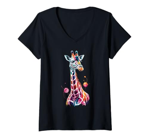 Damen Giraffe Farbspritzer Poster Stil Bunte Kunst Grafik T-Shirt mit V-Ausschnitt von Giraffe Lover Apparel & Arts