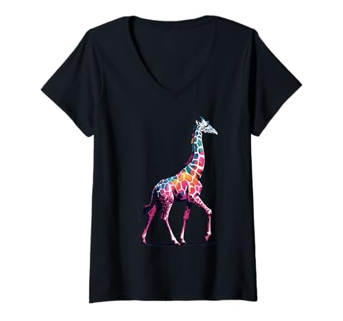 Damen Giraffe Poster Stil Bunte Farbspritzer Kunst Grafik T-Shirt mit V-Ausschnitt von Giraffe Lover Apparel & Arts