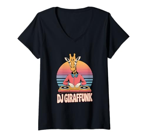 Damen DJ Giraffunk Retro Giraffe DJ Musik Party Club T-Shirt mit V-Ausschnitt Damen DJ Giraffunk Retro Giraffe DJ Musik Party Club T-Shirt mit V-Ausschnitt von Giraffe Musik Retro Funk Tier Humor Festival