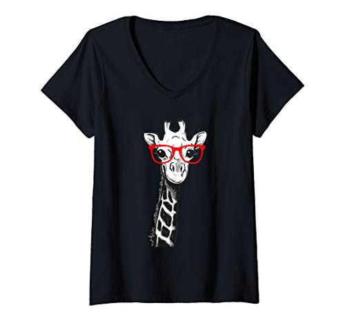 Damen Giraffe mit roter Brille Geschenk für Zootierliebhaber T-Shirt mit V-Ausschnitt Damen Giraffe mit roter Brille Geschenk für Zootierliebhaber T-Shirt mit V-Ausschnitt von Giraffe mit roten Gläsern Zoo Tiergeschenk
