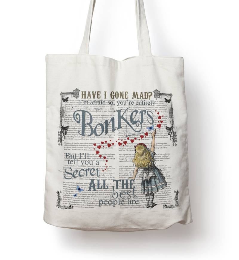 Alice Wonderland Einkaufstasche, Fitnessstudio, Tasche, Sporttasche, Schule, Universität Über Der Schulter, Mad Hatter Mit Wörterbuch-Aufdruck, 38 von GiraffeandCustard