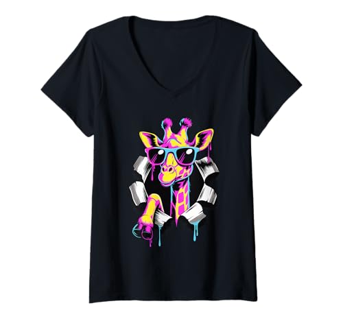 Damen Gerissener Papiereffekt Giraffe Sonnenbrille Giraffen T-Shirt mit V-Ausschnitt Damen Gerissener Papiereffekt Giraffe Sonnenbrille Giraffen T-Shirt mit V-Ausschnitt von Giraffes Gift For A Giraffe Lover