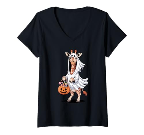 Damen Halloween Giraffe Geist Kürbis Süßes Oder Saures Süßigkeiten T-Shirt mit V-Ausschnitt Damen Halloween Giraffe Geist Kürbis Süßes Oder Saures Süßigkeiten T-Shirt mit V-Ausschnitt von Giraffes Gift For A Giraffe Lover