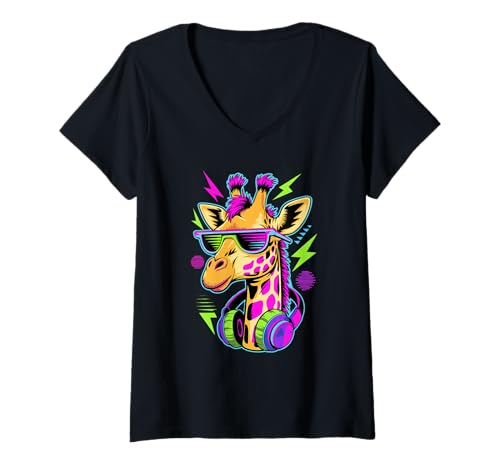 Damen Punk Ära Stil Giraffe Sonnenbrille Giraffen T-Shirt mit V-Ausschnitt von Giraffes Gift For A Giraffe Lover