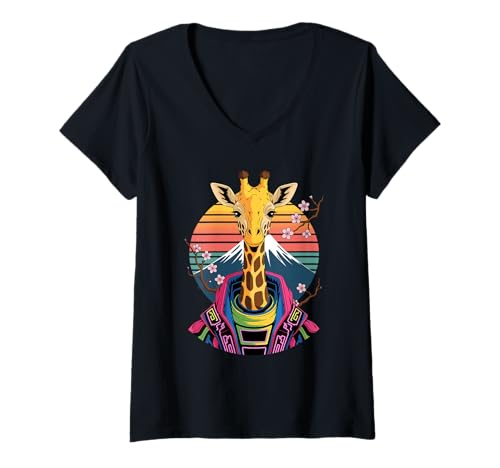 Damen Retro Giraffe Samurai Giraffen T-Shirt mit V-Ausschnitt Damen Retro Giraffe Samurai Giraffen T-Shirt mit V-Ausschnitt von Giraffes Gift For A Giraffe Lover