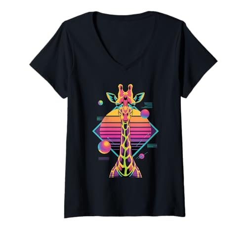 Damen Retro Synthwave Giraffe Giraffes T-Shirt mit V-Ausschnitt Damen Retro Synthwave Giraffe Giraffes T-Shirt mit V-Ausschnitt von Giraffes Gift For A Giraffe Lover