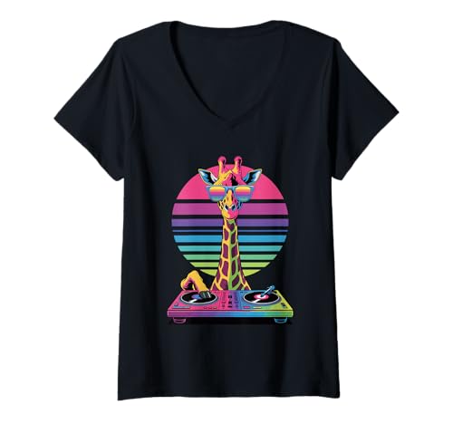 Damen Synthwave Giraffe DJ Sonnenbrille Giraffen T-Shirt mit V-Ausschnitt Damen Synthwave Giraffe DJ Sonnenbrille Giraffen T-Shirt mit V-Ausschnitt von Giraffes Gift For A Giraffe Lover