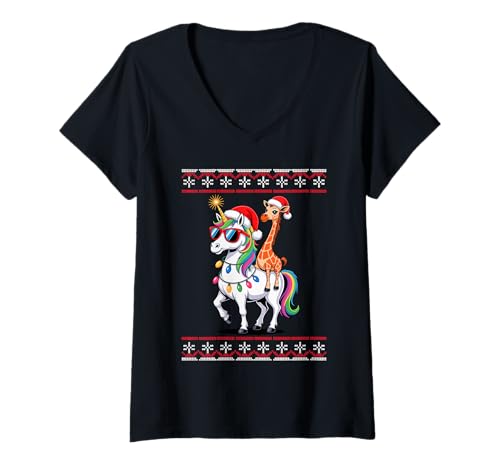 Damen Weihnachten Giraffe Einhorn Sonnenbrille Giraffen T-Shirt mit V-Ausschnitt Damen Weihnachten Giraffe Einhorn Sonnenbrille Giraffen T-Shirt mit V-Ausschnitt von Giraffes Gift For A Giraffe Lover